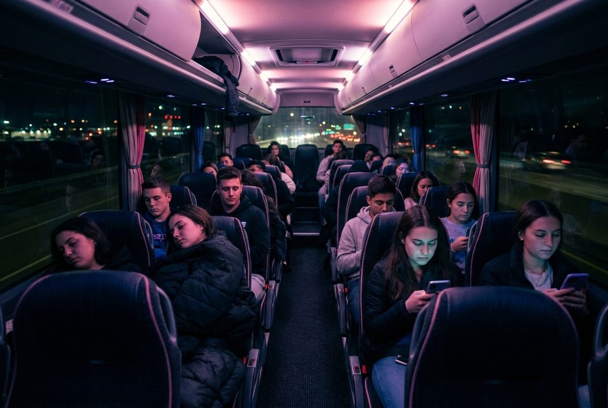 Interior del bus TUPAX en el viaje de retorno